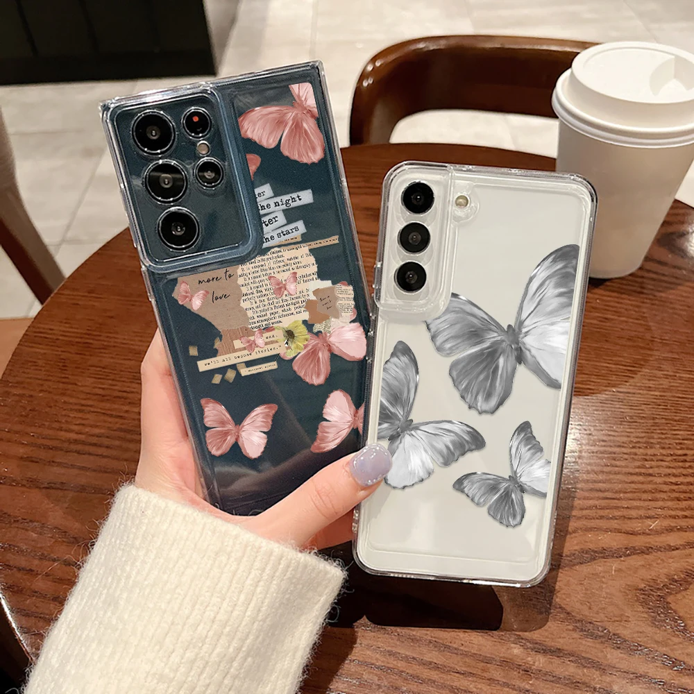 

Transparent Soft TPU Phone Case for Samsung Galaxy S23 S22 S21 Ultra S21Plus S20 FE Plus 5G Pink Butterfly Protection Shell