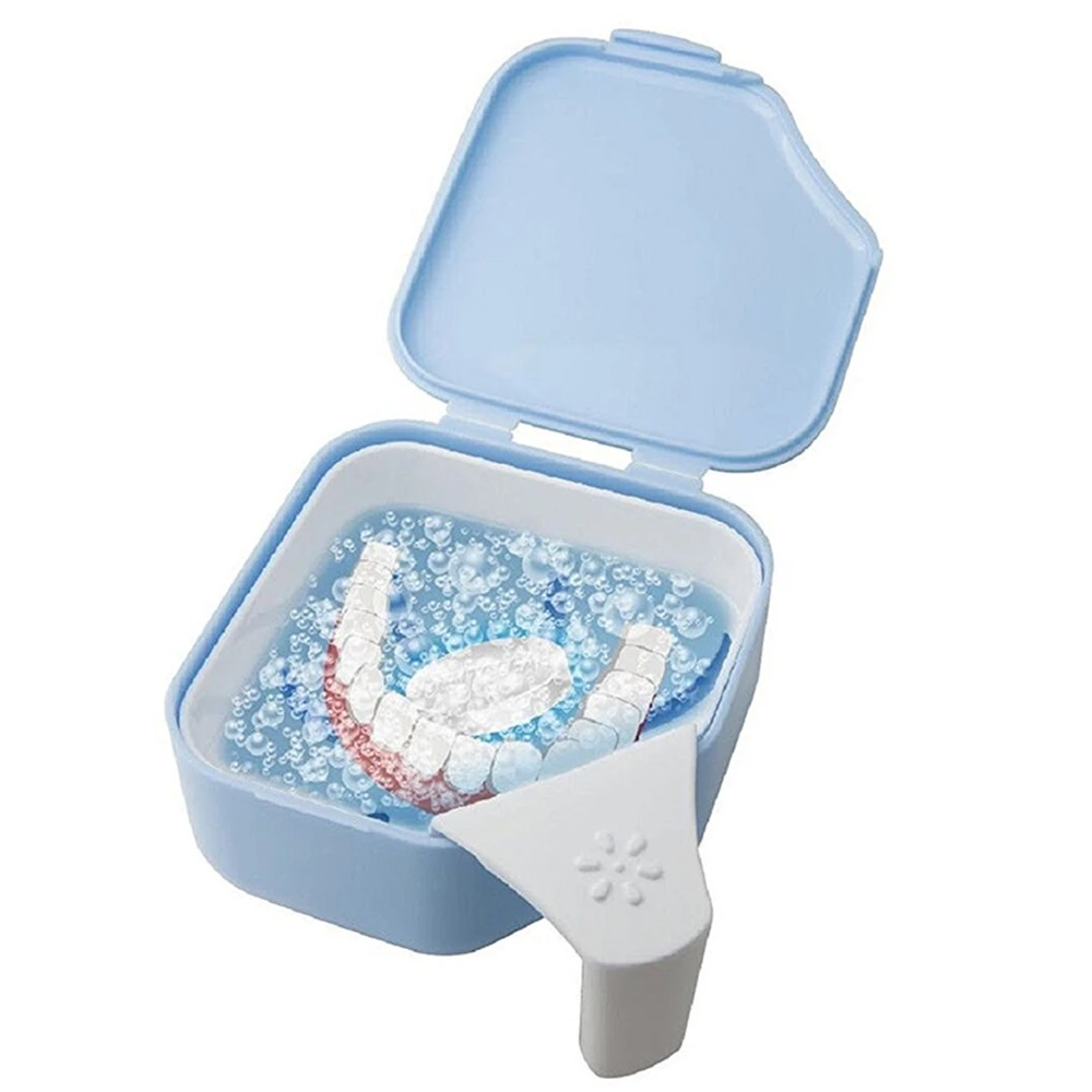 Caja de almacenamiento para dentaduras postizas, contenedor de almacenamiento de dos capas con Red colgante, estuche para prótesis de viaje