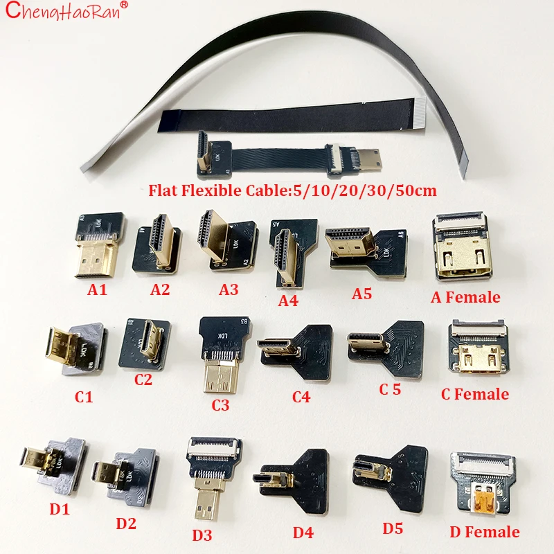 Фото 1 шт. Плоский гибкий кабель FPV HDMI-совместимый для Raspberry Pi 4 Micro HDTV в HD/Mini HD, гнездо 90 градусов FFC 20pin №1