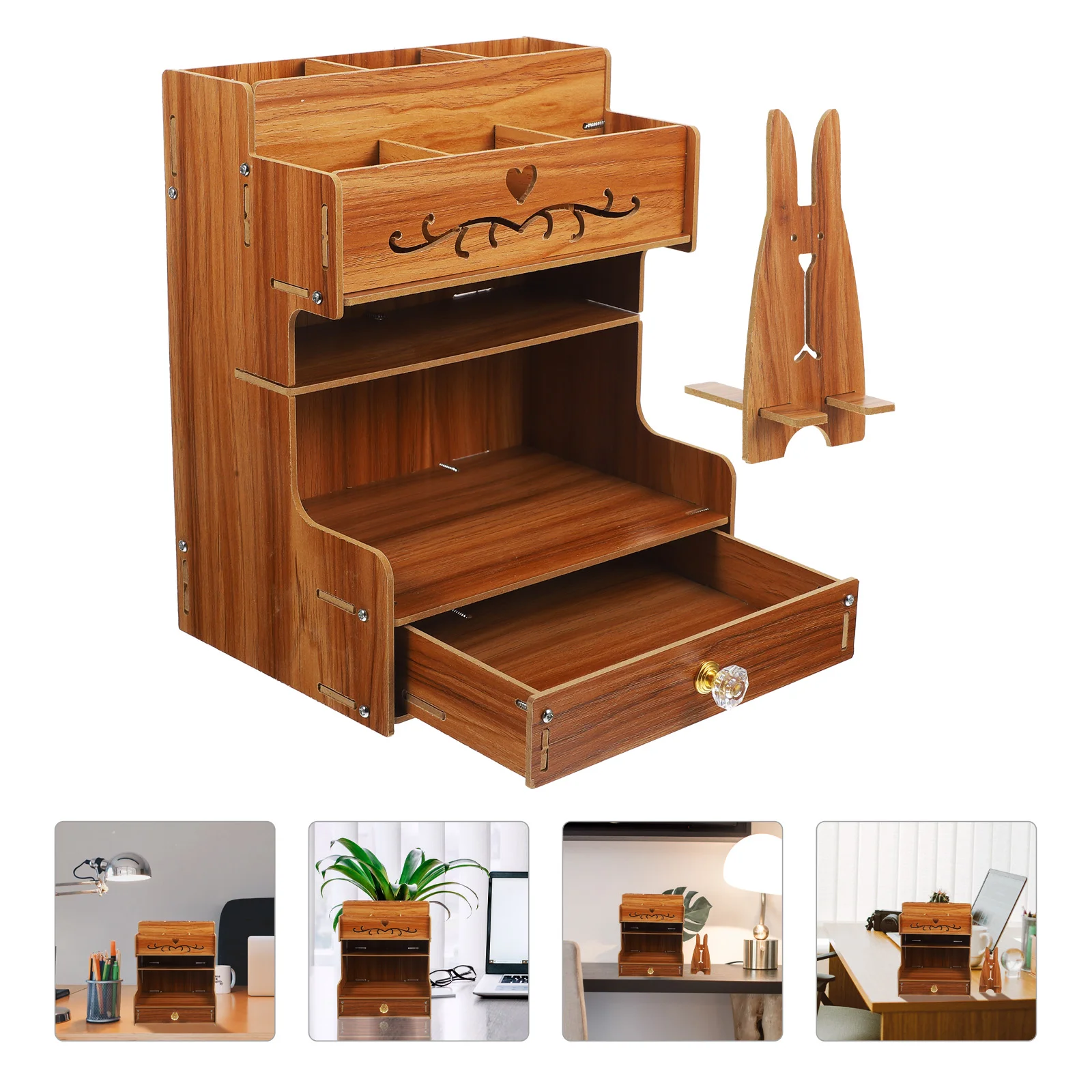 

Wooden Desk Organizer with Drawer Desktop DIY Holder Stationary Storage Container