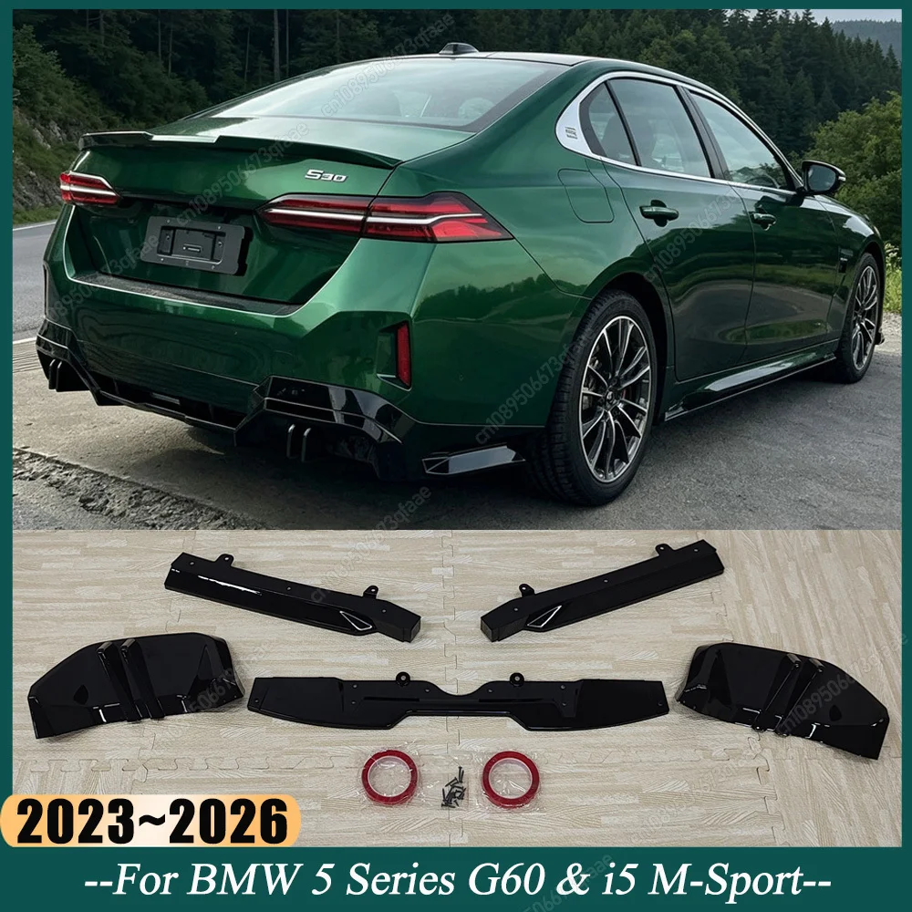 Фото Задний диффузор-сплиттер для BMW 5 серии G60 520d 520i 530e 550e I5 M60 M-Sport 2023-2026, глянцевый черный, комплект для тюнинга, защита кузова №1