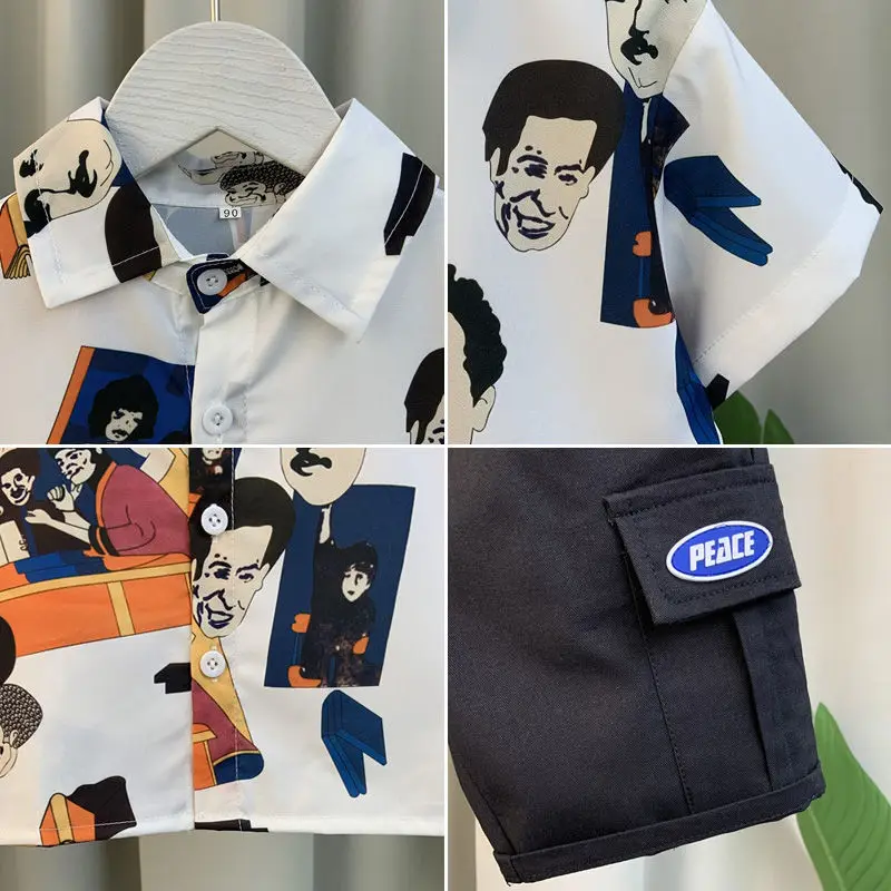 Boy's Shirt Suit 2022 New Children's Summer Western Style Fried Street Short Sleeve Baby Cool Handsome Clothes