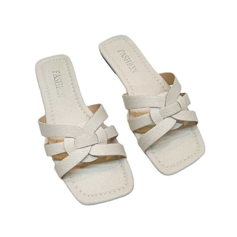 

Тапки женские с квадратным носком, плоская подошва, модные однотонные простые тапочки для отдыха, большие размеры, лето 2023