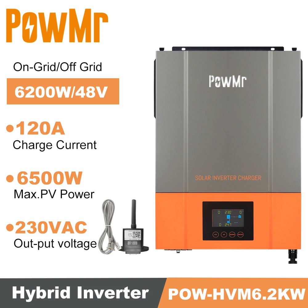 6200W 48V On Grid/Off Grid Solar Inverter MPPT 120A Solar Charger DC 230V Max PV Power 6500W for Lithium, Flooded,Gel Batteries