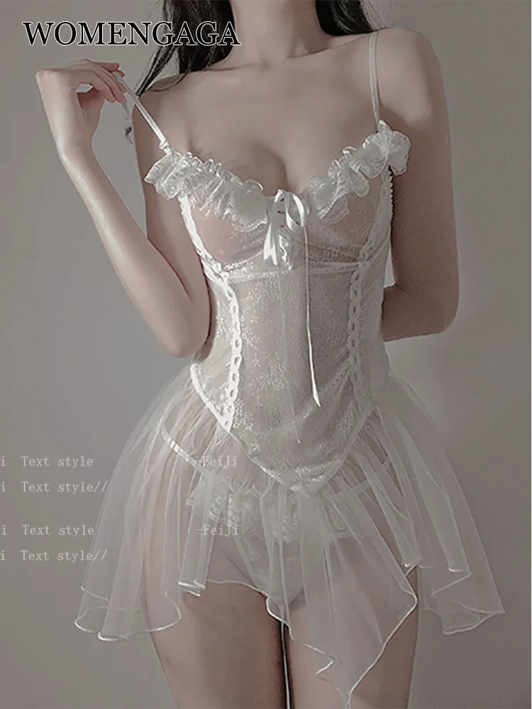 

WOMENGAGA Black Sexy Lace Tank Mini Dress Elegant Nightdress Women Thin Mesh Lace Hot Sexy Korean Women Camisole Tops TPG0