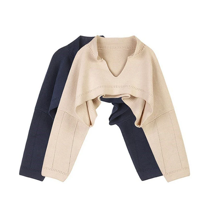 

Polo Neck Knit Cropped Sweater Solid Elegant Chic Jacket Long Sleeve Crop Top Oversized Korean Female Sweater Fall Women 2022