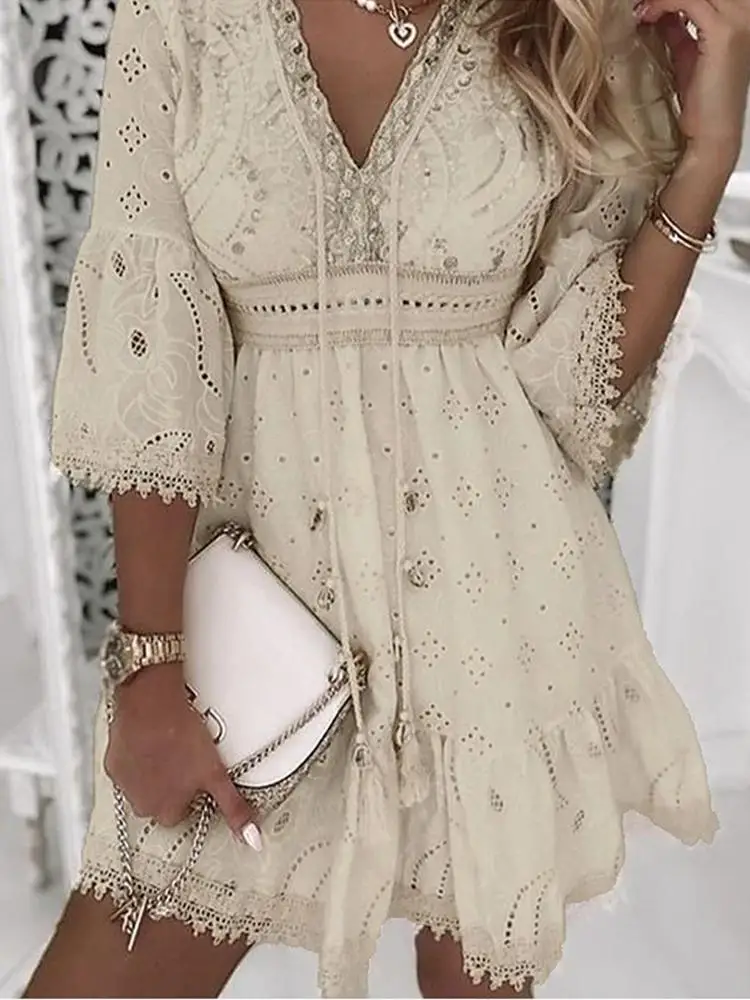 

White Lace Beach Dress Women Elegant Lace Up Mini Dress Female V Neck Three Quarter Sleeve Dress Ladies Patchwork A-line Dress