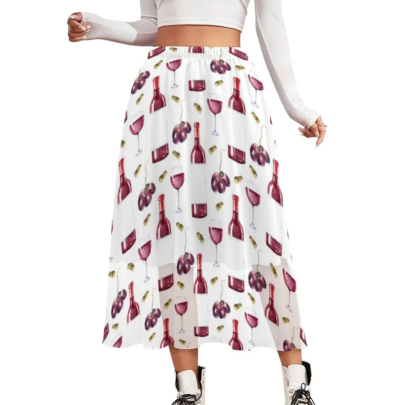 

Женская Длинная пляжная юбка с принтом винного цвета, повседневная юбка с эластичным поясом, модная одежда большого размера в Корейском сти...