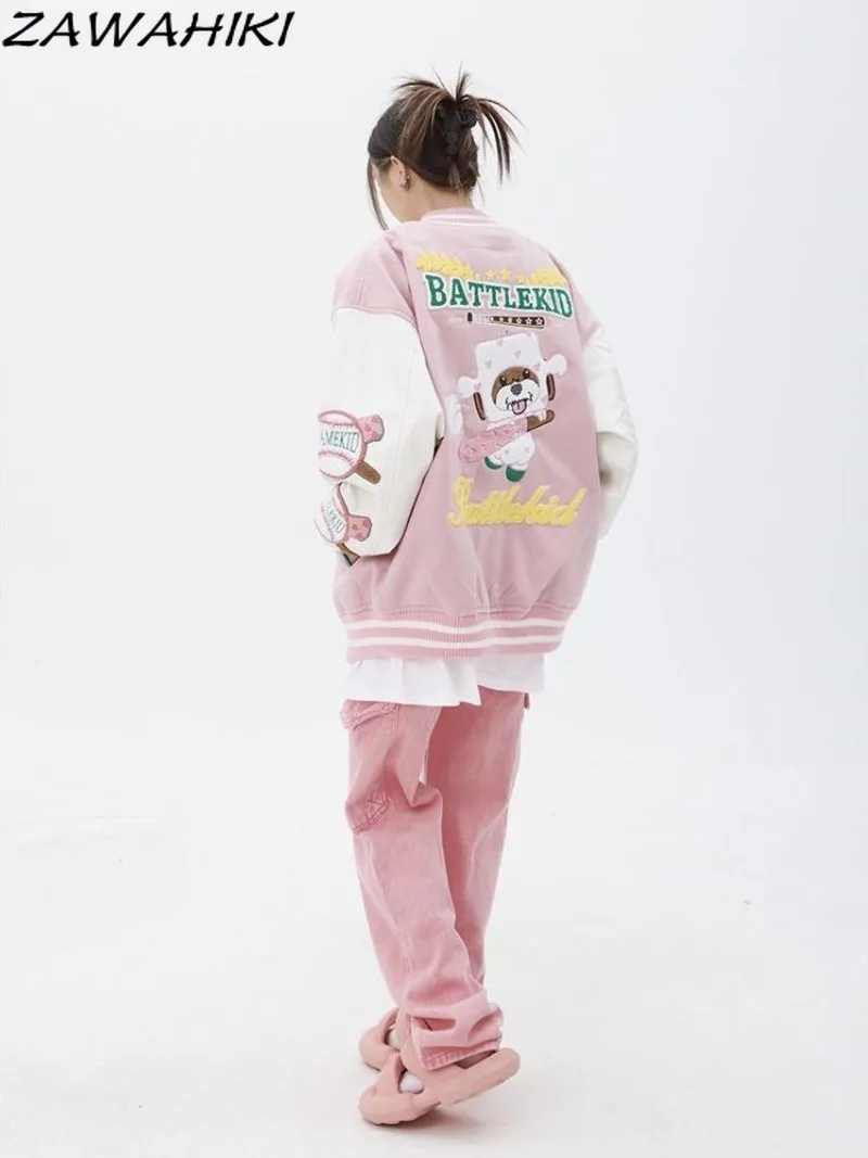 

Американская Ретро бейсбольная куртка в стиле пэчворк с мультяшным принтом букв и графической вышивкой розовая парная свободная универсальная верхняя одежда Y2K