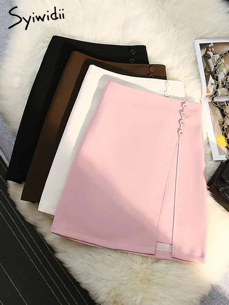 

Syiwidii Side Split Button Womens Skirts 2022 Summer Casual High Waist Mini Hip Skirt Pink Sexy Elegant Korean Fashion Clothing