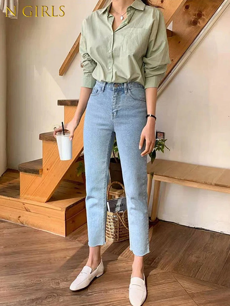 

M GIRLS High Waist Women Jeans Ankle Length Stretch Cotton Straight Denim Pants Fashion Streetwear Boyfriend Jeans For Girl