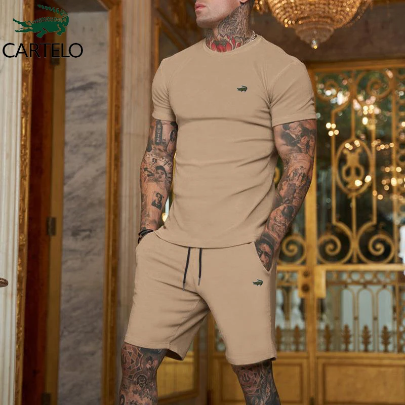 

CARTELO Brand Men's Clothing Men's Tracksuit Summer Sports Fitness clothing Round neck embroidered T-shirt shorts two-piece set