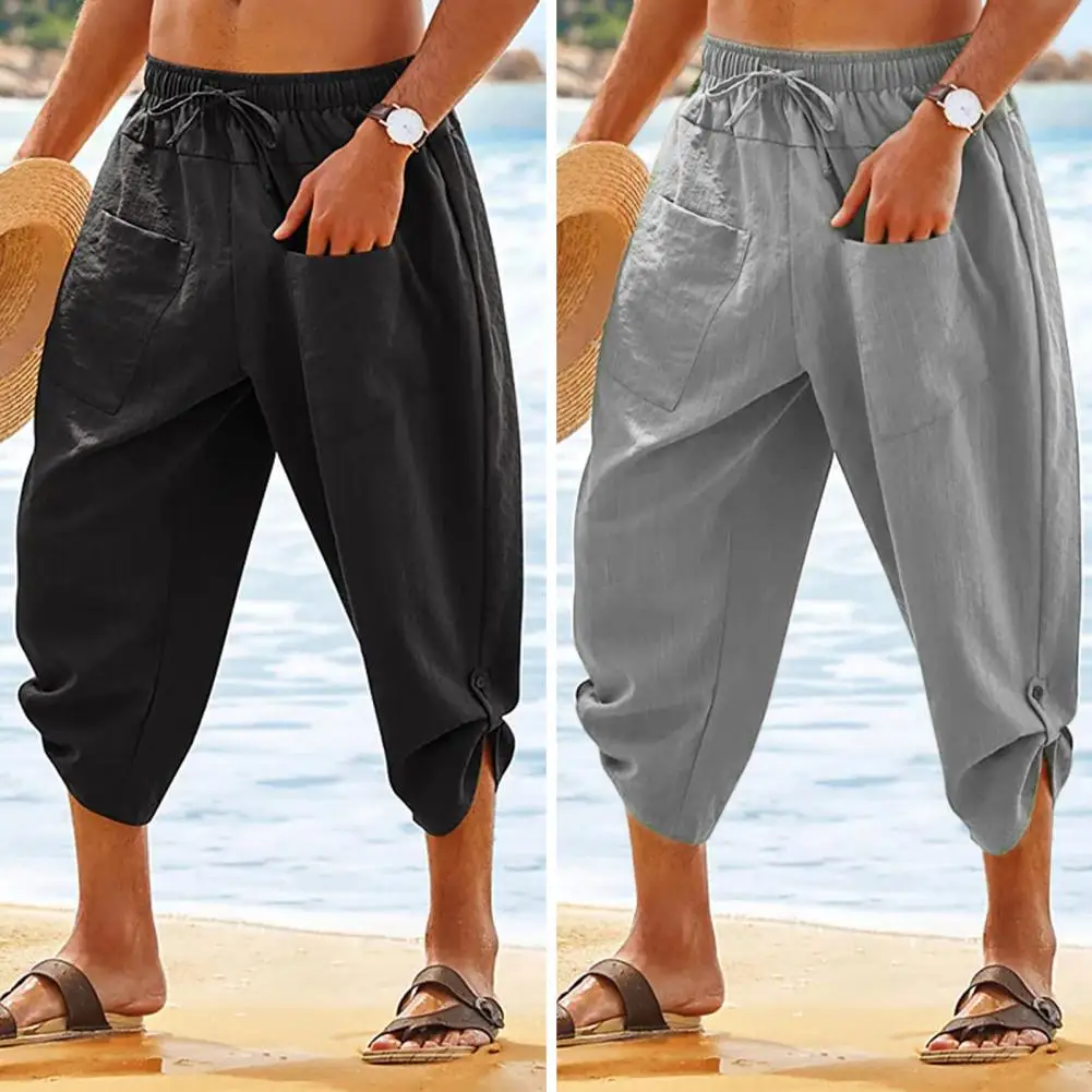 

Men Cropped Pants Elastic Waist Drawstring Soft Men Trousers Breathable Casual Patch Pockets Mid-calf Length Beach Trousers