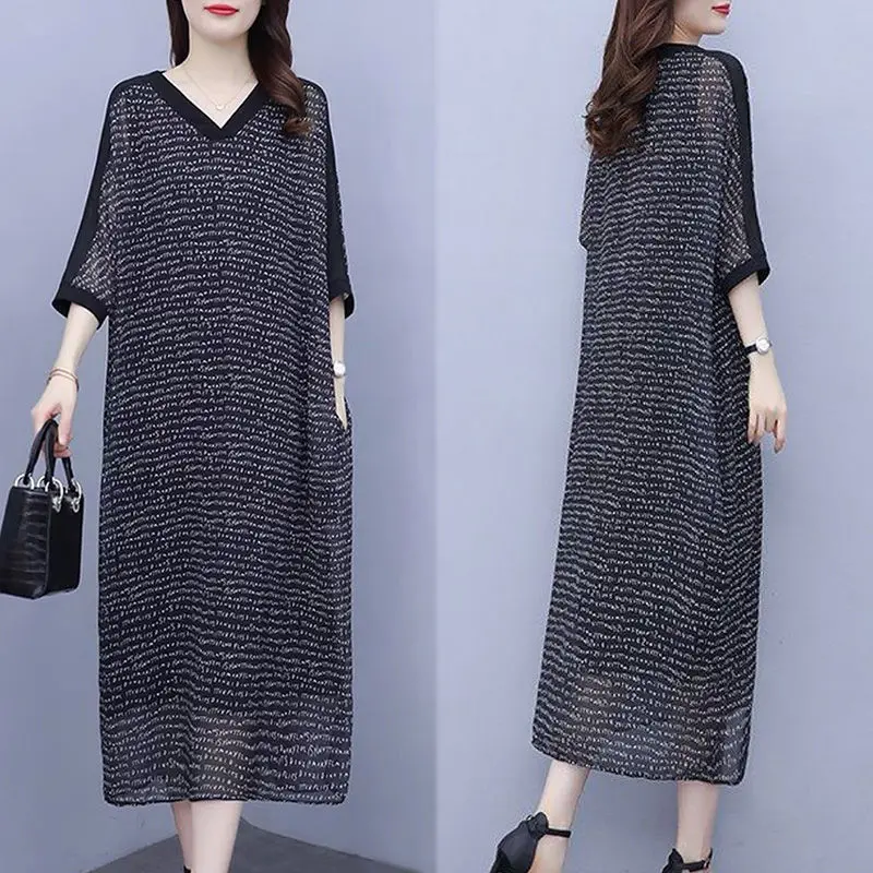 

Шифоновые свободные длинные платья с принтом для женщин среднего возраста, весна-лето, женское Повседневное платье, женское платье 6XL E136