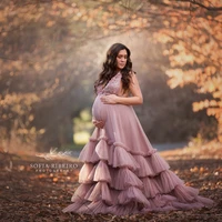 Sexy Tulle Lace Pregnancy Gowns V Neck Sleveless Blush Pink Pleated Ruffles With Train Long Maternity Photography Dresses