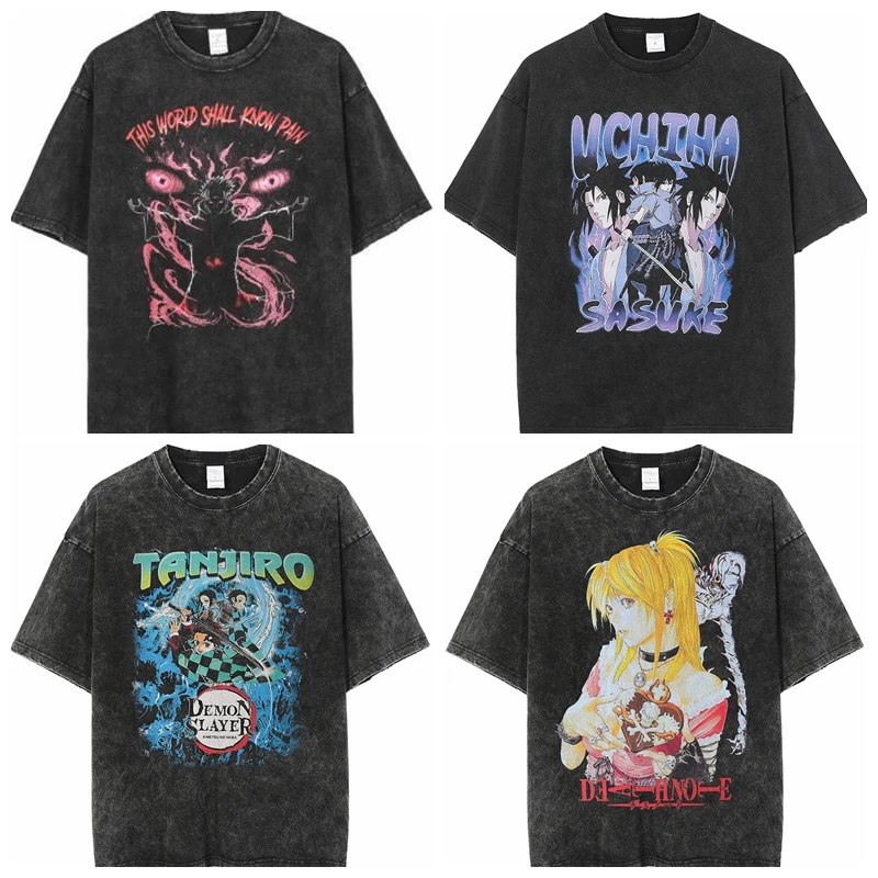 

Винтажные футболки в стиле аниме с эффектом потертости 100%, уличная одежда в стиле Харадзюку, летние повседневные футболки в стиле хип-хоп, ф...