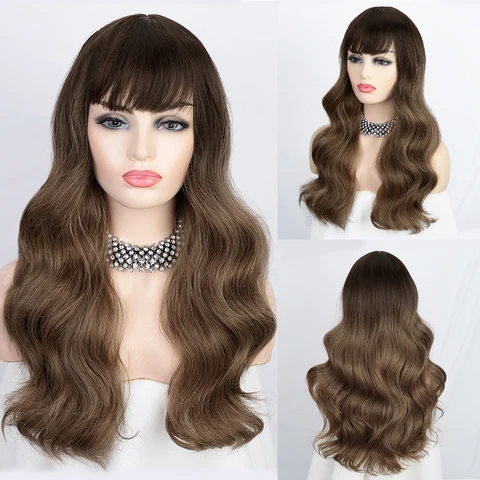 Синтетические длинные волнистые парики AISI HAIR, темно-коричневые парики с челкой, повседневный натуральный термостойкий парик для женщин, искусственные волосы для телефона