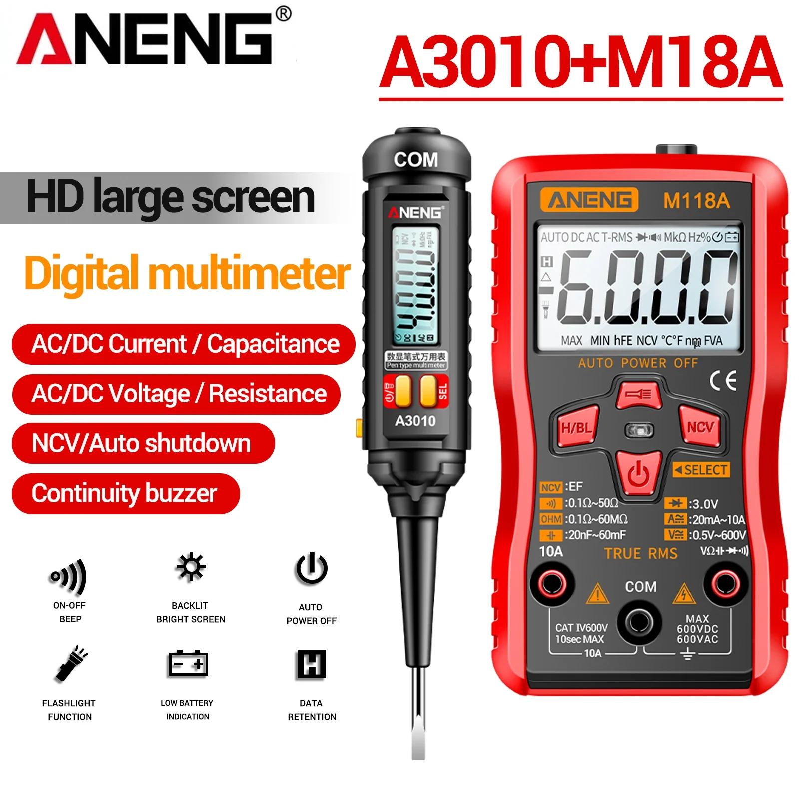 Фото Цифровой мультиметр-тестер ANENG M118A + комплект A3010, True RMS, 6000/4000 измерений, автоматический выбор диапазона, AC/DC, тестер транзисторов и напряжения, инструменты для диагностики №1