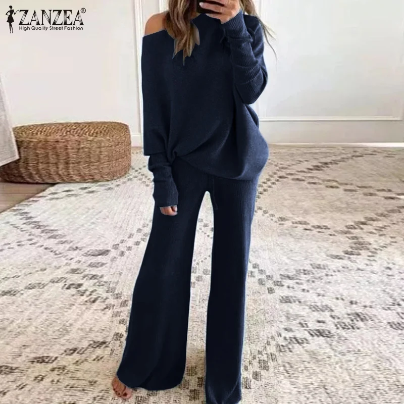 

2PCS Knitted Suit Fashion Women Off Shoulder Matching Sets ZANZEA Spring Long Sleeve Blouse Wide Leg Pants Sets Urban Tracksuit