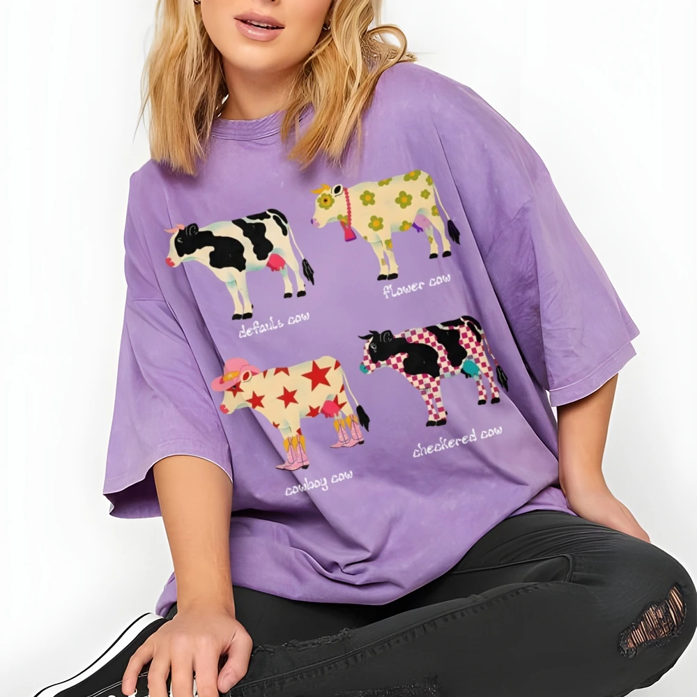 Cute Cow Graphic T-Shirt Unisex Top Summer Casual Loose Washed Denim Y2k Style Modna odzież hip-hopowa Czysta bawełna Krótki rękaw