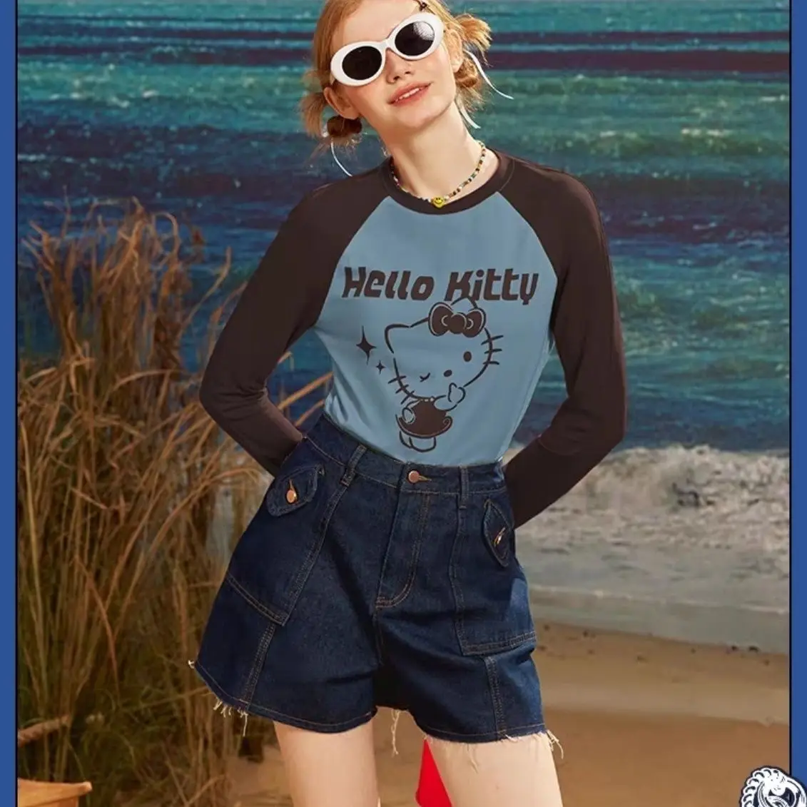 

Kawaii Sanrio Hello Kitty Cute Cartoon Women's Tops Spring Autumn Fashion Korean Version Slimming T-Shirt Longsleeved Thin Tops