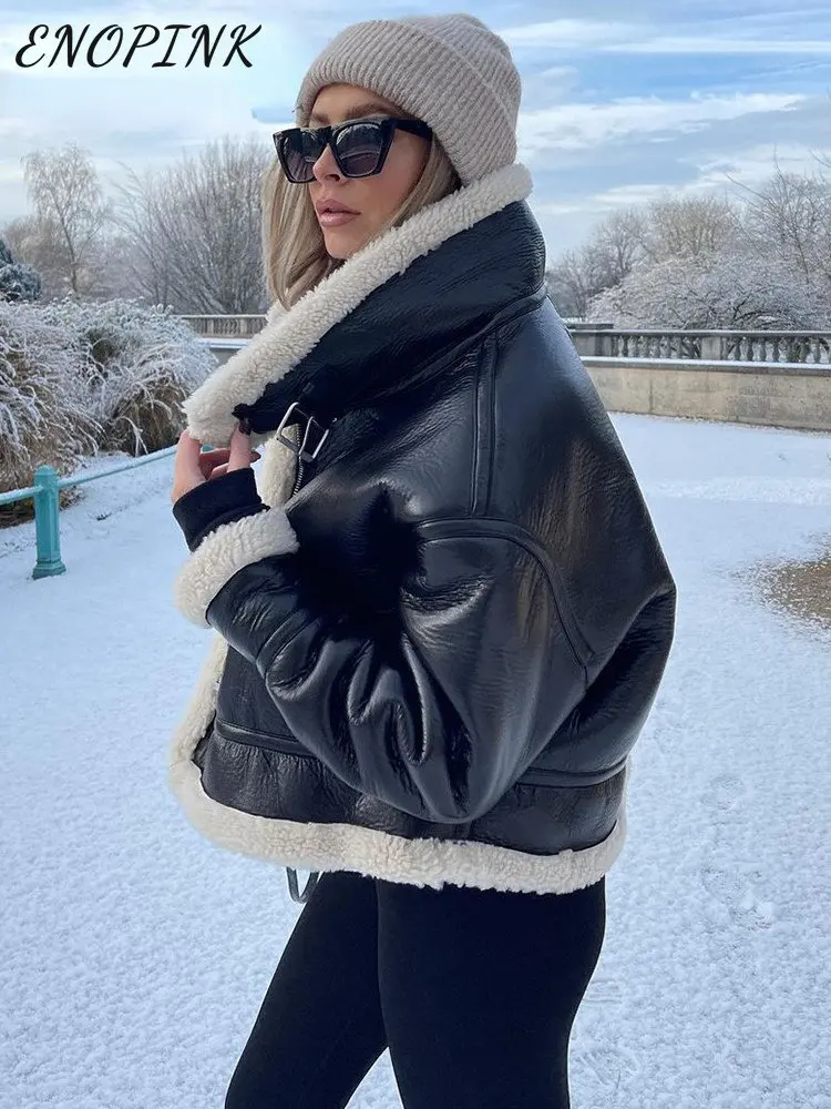 Women Thick Faux Fur Leather Shearling Jacket 2022 Winter Warm Coat Vintage Long Sleeve Flap Pocket Female Outerwear Chic Tops