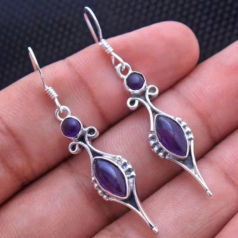 

Vintage Round Inlaid with Deep Purple Stones Drop Earrings Vintage Jewelry Women Long Inlaid Drop-shaped Stone Dangle Earring