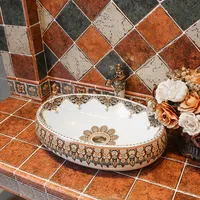 Europe Nordic Style Ceramic Bathroom Vessel Sinks Gold Flower Above Counter Wash Basin Vanity Top Sink with Faucet Drainer Combo