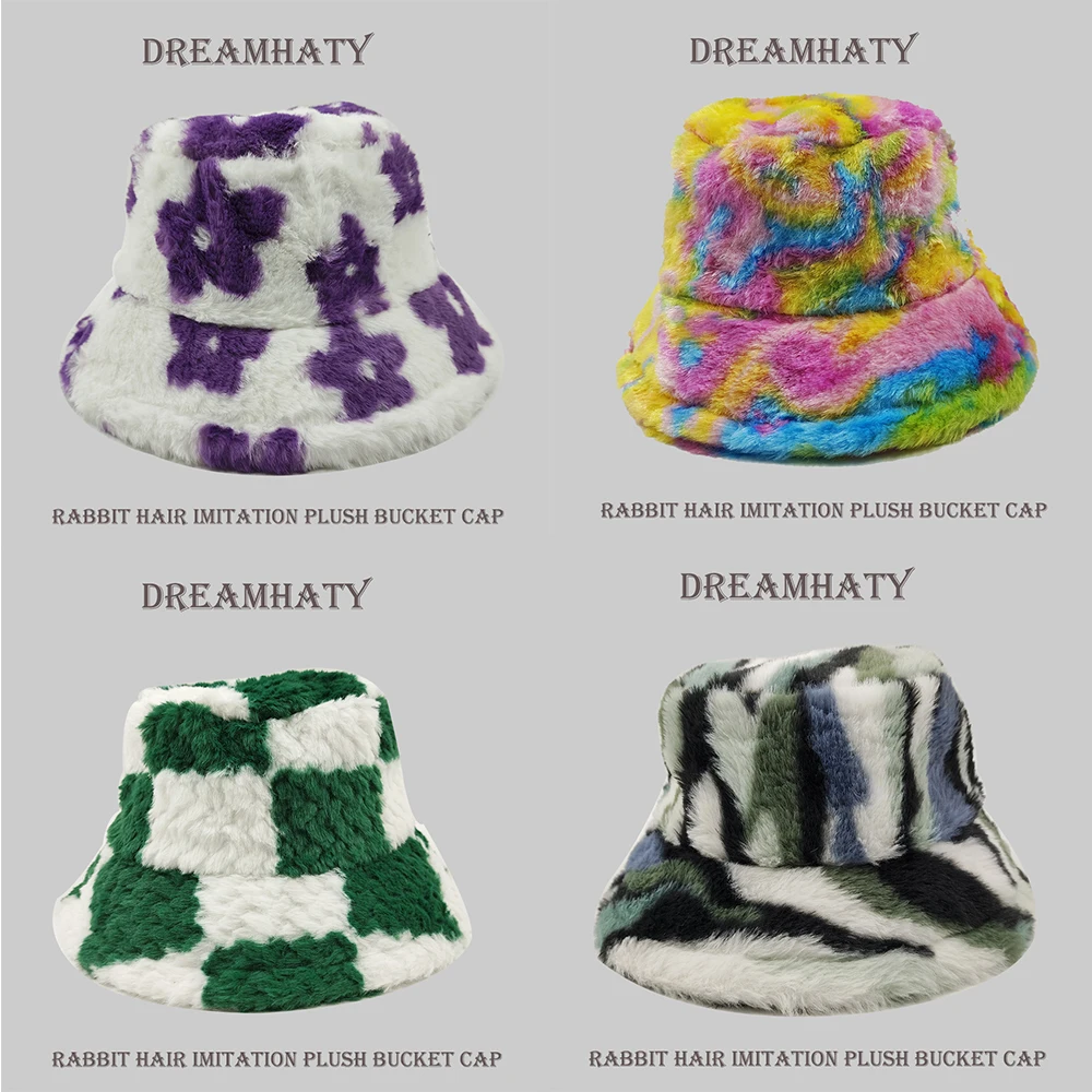 

Flower Tie Dye Bucket Hat Plush Panama Women's Outdoor Keep Warm Autumn Winter Korean Style Fashion Ear Protection Fisherman Cap