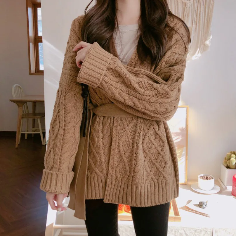 

New Women Winter Long Sleeve Bandage Sweater Coat Korean Autumn Chic Jacket Knitted Cardigan Elegant Twist V-neck Loose Outwear