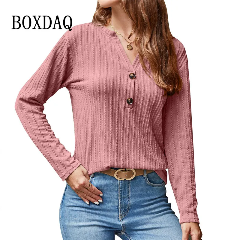 

2023 Autumn Blouses Women Fashion Casual Solid Colors V-Neck Button Knitted Tops Winter Long Sleeve Loose Oversized Ladies Shirt
