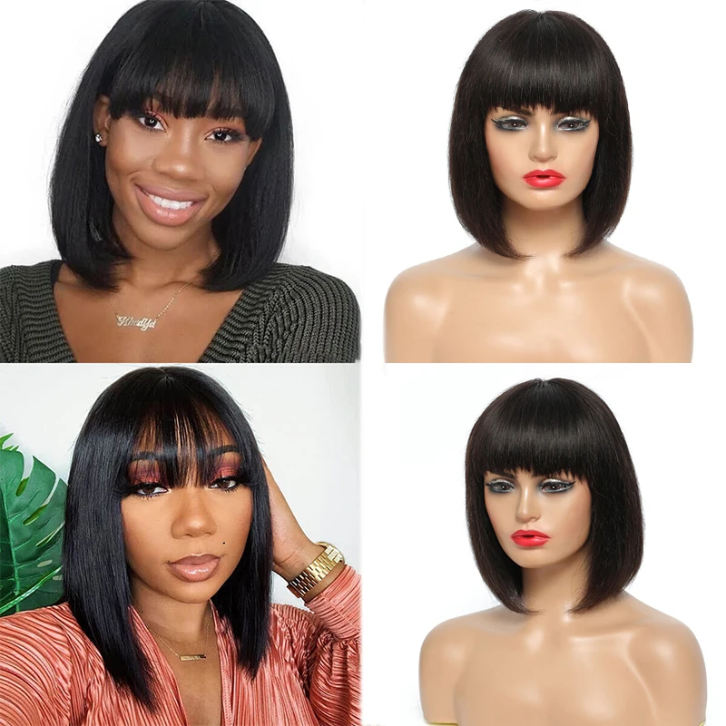 

Short Bob Wigs With Bang Natural Color Brazilian Straight Human Hair Wigs Full Machine Wigs For Black Women Non-Remy IJOY