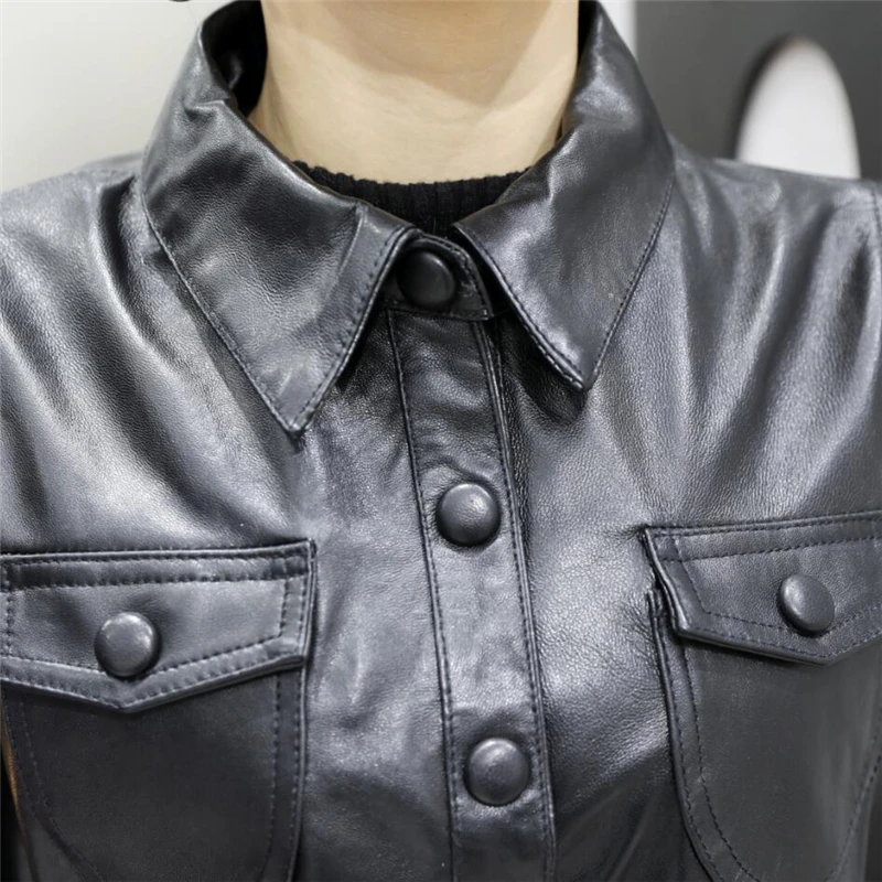 Leather Waistcoat Women's Spring Autumn Lapel Short Sheepskin Tops Genuine Leather Slim Sleeveless Vest Women's Short Outer Wear