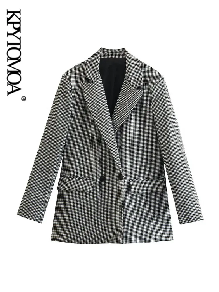 

KPYTOMOA Women Fashion Houndstooth Loose Blazer Coat Vintage Long Sleeve Flap Pockets Femme Outerwear Chic Vestes Femmes