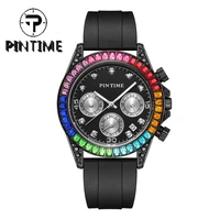 pintime watch for men luxury full diamond hip hop colorful chronograph military watches quartz wrist watch clock male wristwatch