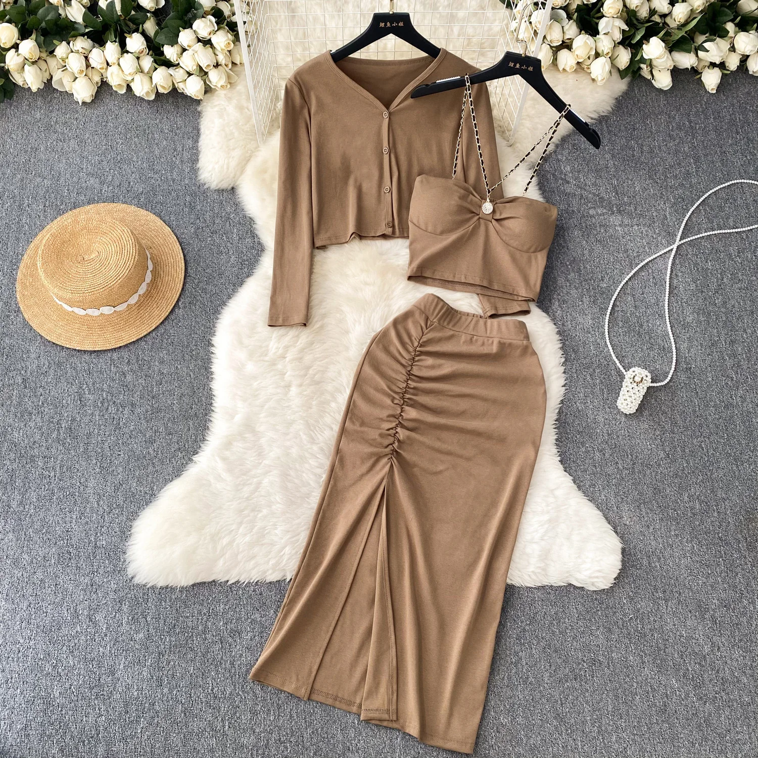 

Summer Two Pieces Skirt Sets Women Long Sleeve V Neck Crop Top with High Waist Sexy Split Hip Wrap Skirt