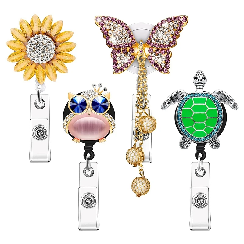 

4 Pcs Rhinestone Retractable Badge Reel ID Badge Reel Clip For Nurse Teacher (Butterfly Sunflower Turtle Owl)