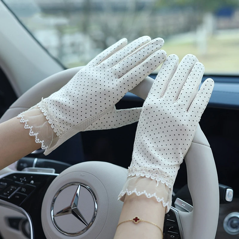 

Перчатки женские солнцезащитные с кружевом, хлопковые дышащие митенки для сенсорных экранов, для вождения, езды на велосипеде, элегантные Нескользящие, летние