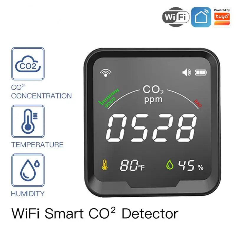 

Indoor Temperature And Humidity Sensor Wifi Sound Alarm Rechargeable Air Quality Sensor 3 In 1 Co2 Monitor Detect Tuya
