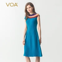 voa 40mm heavy silk dress round neck wrap sleeve contrasting color splicing simple slim medium and long womens dress a10266