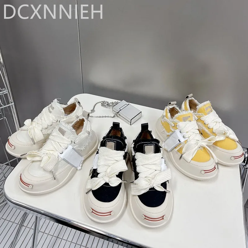 

Кроссовки женские холщовые, толстая подошва, на шнуровке, круглый носок, повседневная обувь для бега, плоская подошва, весна 2022