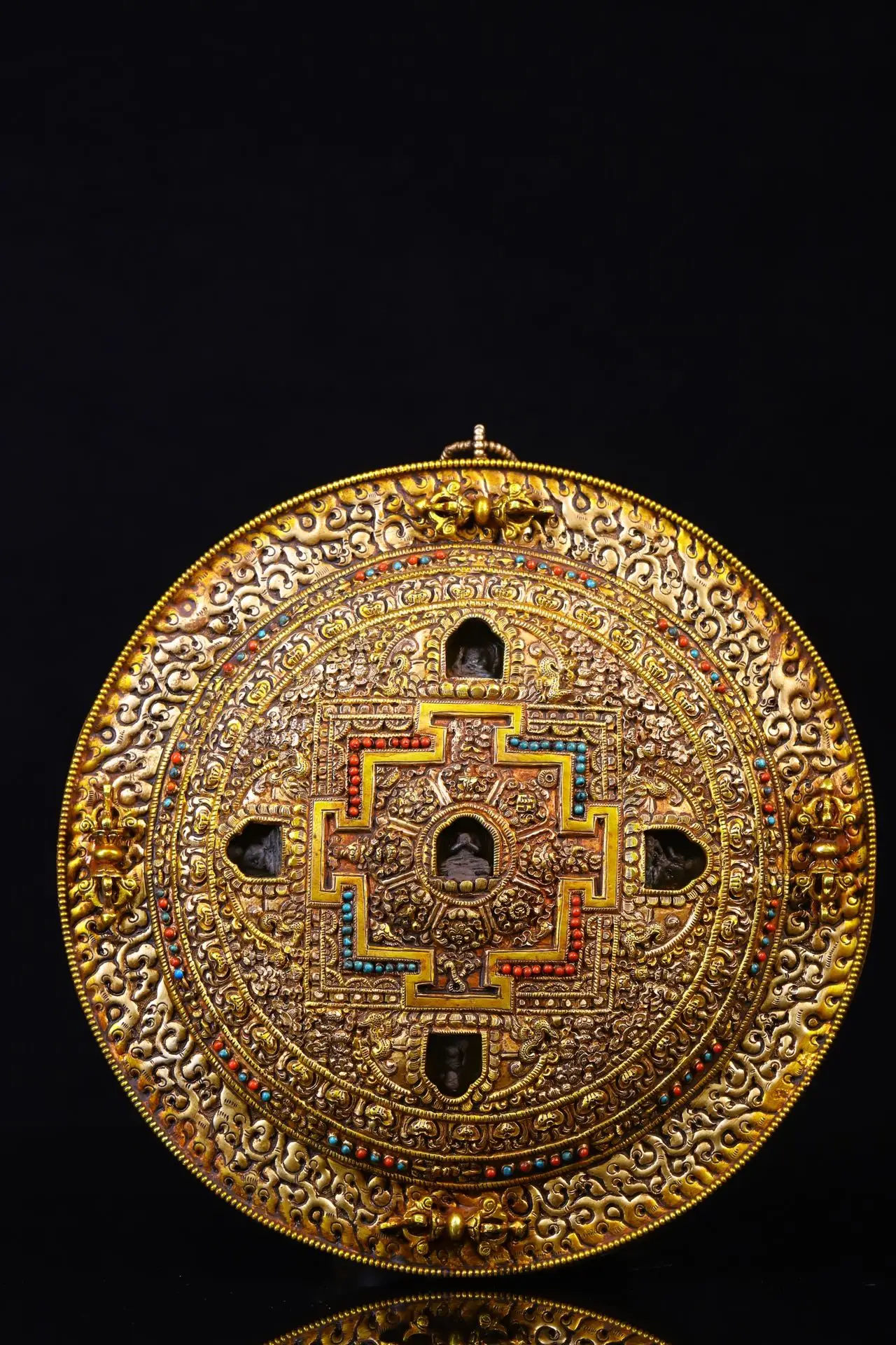 

Коллекция тибетских храмов 9 дюймов, старинная позолоченная бронзовая мозаика, драгоценный камень, благоприятные восемь сокровищ, мандала, ...