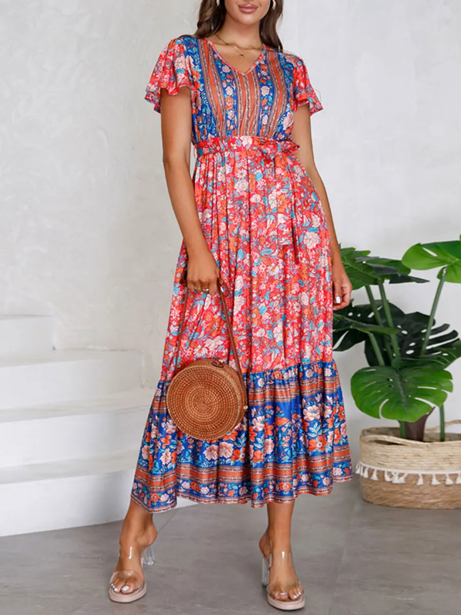 

Женское длинное богемное платье-трапеция, Элегантное повседневное платье с коротким рукавом, V-образным вырезом и цветочным принтом, свободного кроя, с поясом, на лето