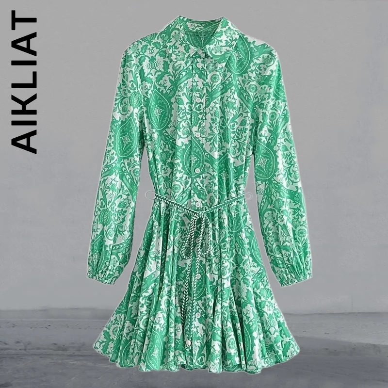 

Платье Aikliat, женское модное универсальное платье-рубашка с длинным рукавом и зеленым принтом, эластичные платья для женщин