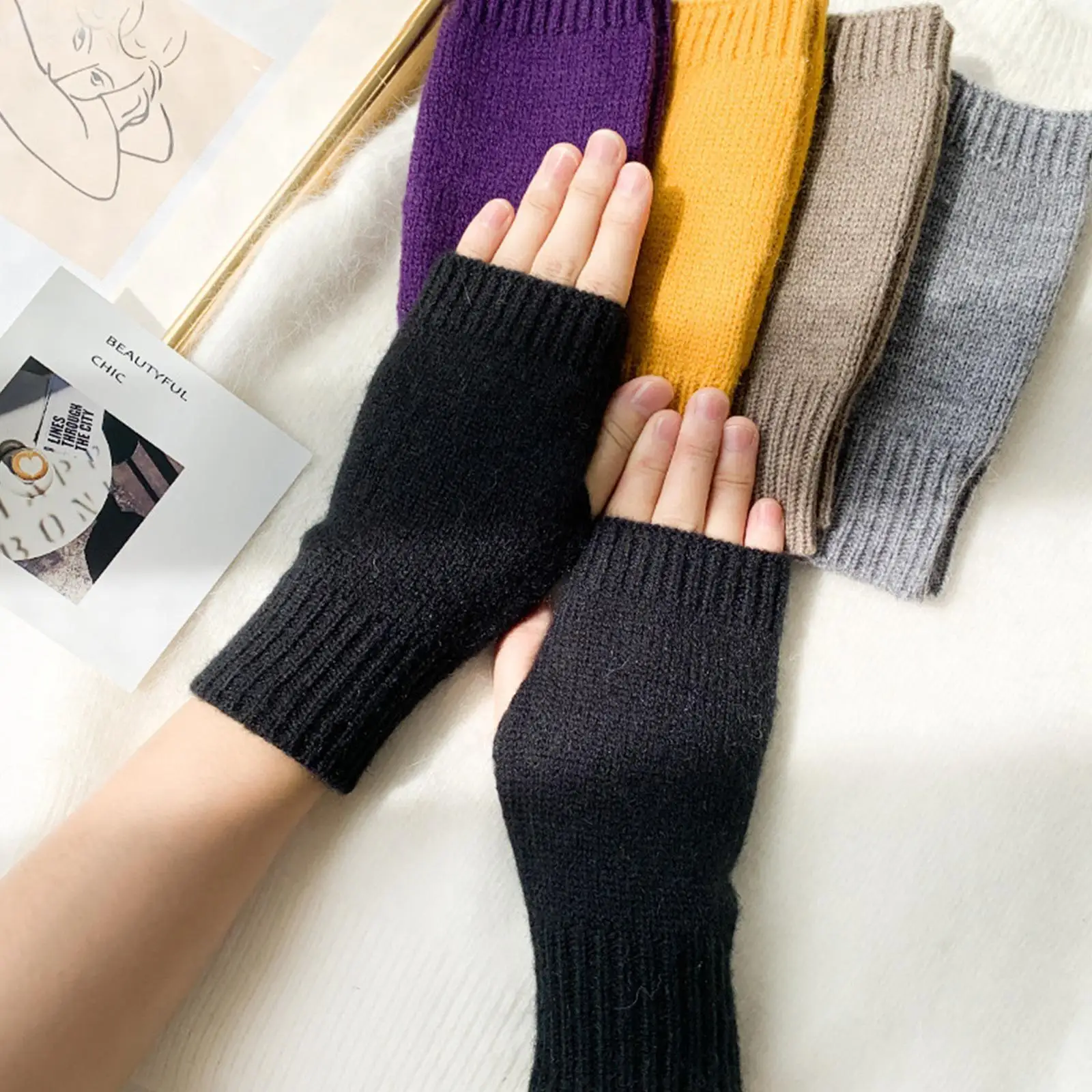 

Korea Style Warmer Half Finger Gloves Winter Knitted Wool Warmth Students Write Screen Thick Gloves Color