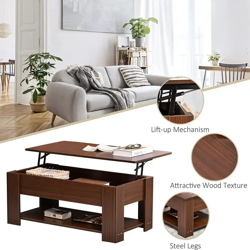 

Top Coffee Table with Hidden Storage Compartment and Open Shelf, Pop Up Coffee Table for Living Room, Brown