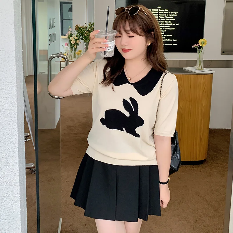 

Plus Size Women's Jacquard Rabbit Polo Neck Top 2023 Summer Fat mm Bottoming Knitted short sleeve T-shirt women
