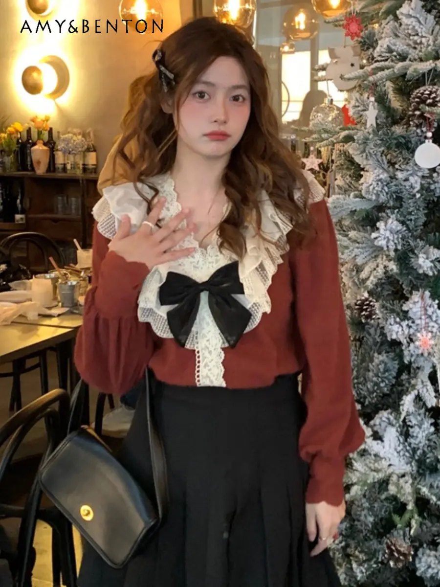 

Sweet Lace Bow V-neck Long Sleeve Shirt Women's Autumn and Winter Design Sense Niche Chic Red Top Loose Outer Wear Blouse
