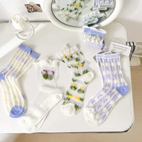 summer ultra thin pastoral glass silk lace socks womens japanese periwinkle blue plaid card silk tube socks ins women