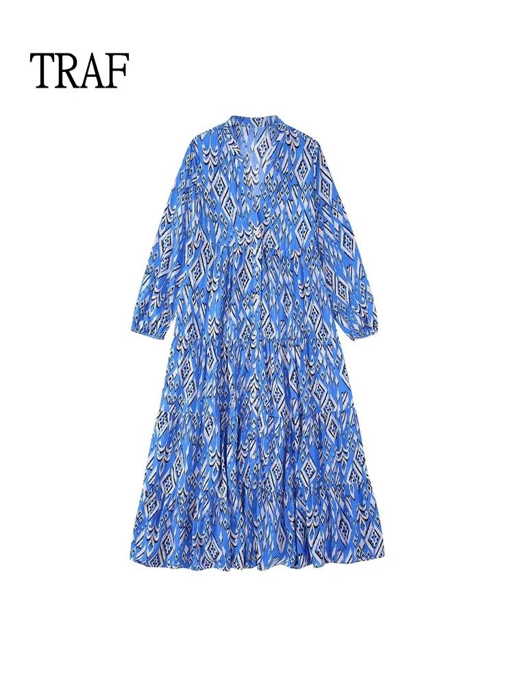 

TRAF Long Dresses For Women 2022 Summer Fashion Print Vintage Loose Dress Woman Clothing Single Breasted Boho Casual Dresses